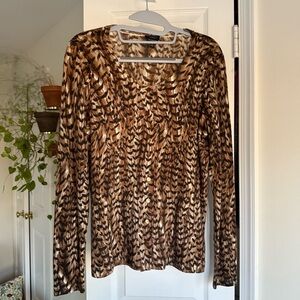Talbots Comfy Merino Wool Button Up Cardigan with Brown Animal Print